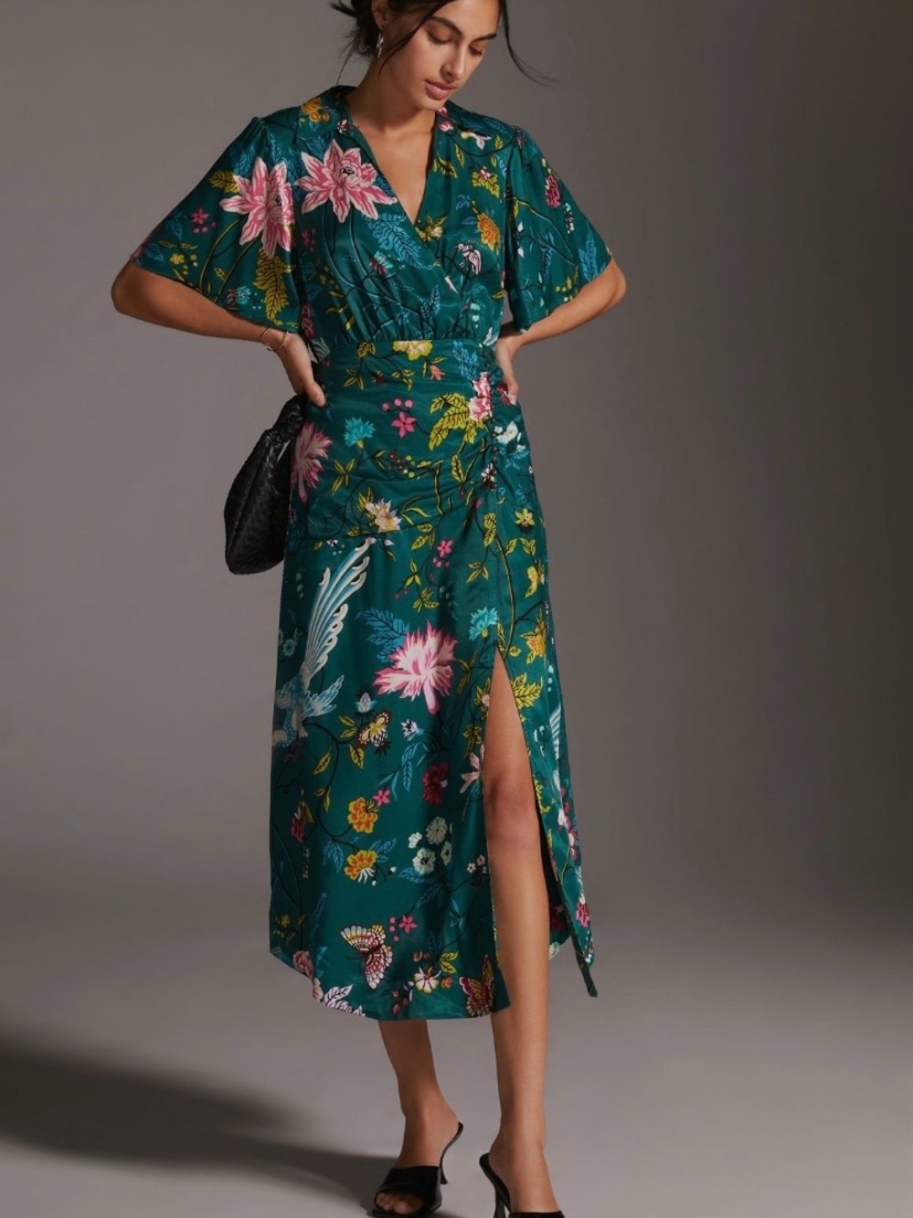 Anthropologie Teal Floral Wrap Midi Dress with Pink & Yellow Accents - Size 0